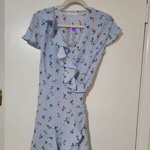 Blue Floral Wrap Dress with ruffles